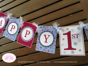 Snowflake Happy Birthday Party Banner Winter Girl Lavender Purple Pink 1st 2nd 3rd 4th 5th 6th 7th Boogie Bear Invitations Marlena Theme
