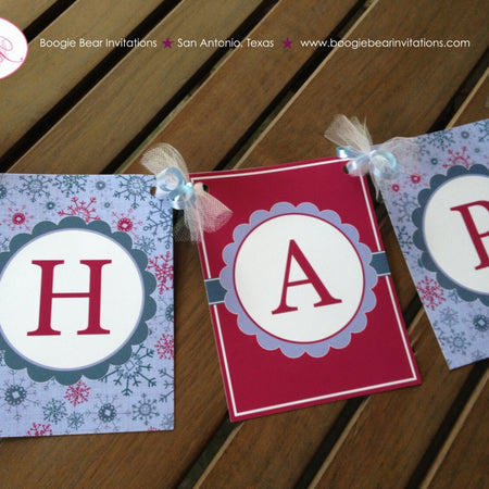 Snowflake Happy Birthday Party Banner Winter Girl Lavender Purple Pink 1st 2nd 3rd 4th 5th 6th 7th Boogie Bear Invitations Marlena Theme