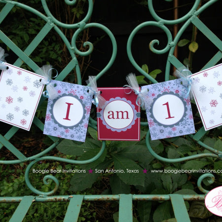 Snowflake I am 1 Birthday Party Banner Girl Winter Christmas 1st Highchair High Chair Pink Purple Blue Boogie Bear Invitations Marlena Theme