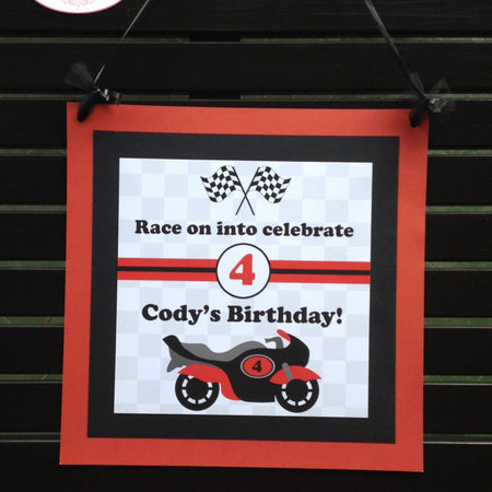 Motorcycle Birthday Party Door Banner Driver Red Boy Teen Pit Crew Checkered Flag Black Racing Grand Prix Boogie Bear Invitations Cody Theme