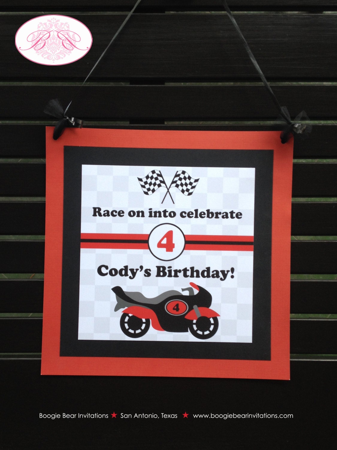 Motorcycle Birthday Party Door Banner Driver Red Boy Teen Pit Crew Checkered Flag Black Racing Grand Prix Boogie Bear Invitations Cody Theme