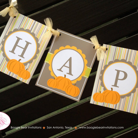 Harvest Pumpkin Happy Birthday Party Banner Farm Fall Orange Green Brown Stripe 1st 30th 35th 40th 50th Boogie Bear Invitations Hayden Theme