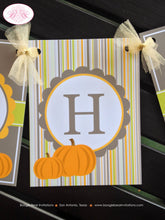 Load image into Gallery viewer, Harvest Pumpkin Happy Birthday Party Banner Farm Fall Orange Green Brown Stripe 1st 30th 35th 40th 50th Boogie Bear Invitations Hayden Theme