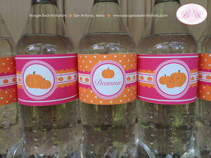 Pink Pumpkin Birthday Party Bottle Wraps Fall Autumn Farm Barn Ranch Country Orange Polka Dot Boogie Bear Invitations Deanna Theme Printed