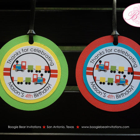 Train Birthday Party Favor Tags Choo Choo Modern Tracks Railroad Crossing Rail Road Rail Car Boy Girl Boogie Bear Invitations Mason Theme