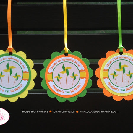 Pinwheel Birthday Party Favor Tags Orange Green Yellow Dot Boy Girl Spring Summer Outdoor Picnic Garden Boogie Bear Invitations Reagan Theme