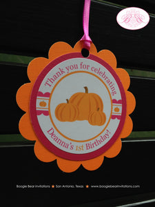 Pink Pumpkin Birthday Party Favor Tags Little Girl Orange Harvest Autumn Fall Country Farm Barn Rustic Boogie Bear Invitations Deanna Theme