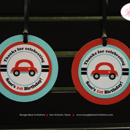 Cars Trucks Birthday Party Favor Tags Gift Honk Beep Blue Red Aqua Turquoise Blue Boy Traffic Travel Trip Boogie Bear Invitations Sam Theme