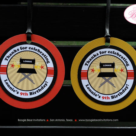 Movie Theater Birthday Party Favor Tags Boy Girl Ribbon Gold Star Hollywood Motion Picture Actor Reel Boogie Bear Invitations Lonnie Theme