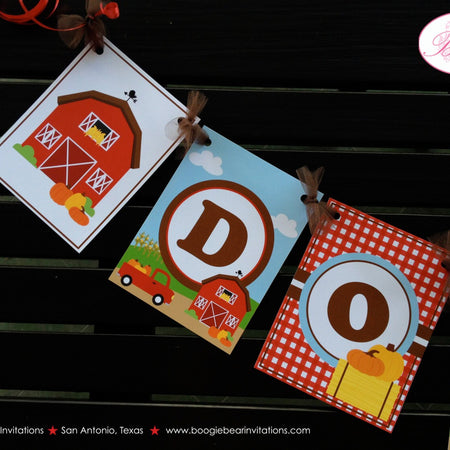 Fall Farm Pumpkin Party Name Banner Birthday Barn Girl Boy Red Truck Autumn Pumpkin Country Tractor Boogie Bear Invitations Donovan Theme