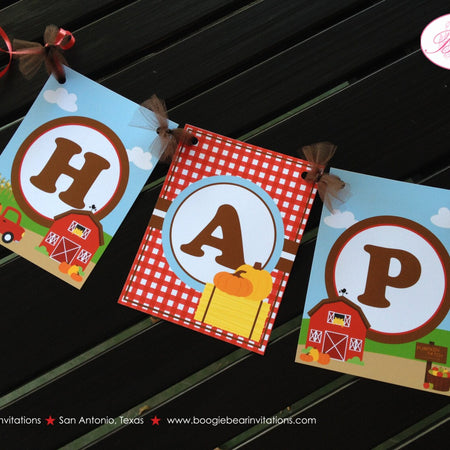 Fall Farm Pumpkin Birthday Party Banner Happy Red Barn Tractor Truck Girl Boy 1st 2nd 3rd 4th 5th 6th Boogie Bear Invitations Donovan Theme