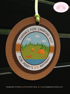 Camping Lake Birthday Party Favor Tags Boy Girl Tent Deer State Park Forest Canoe Boating Swimming Swim Boogie Bear Invitations Perry Theme