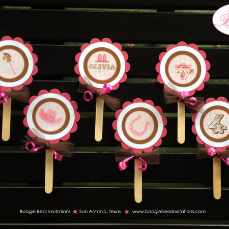 Pink Cowgirl Party Cupcake Toppers Birthday Horse Pony Girl Hoedown Hat Boots Country Rodeo Boots Set Boogie Bear Invitations Olivia Theme