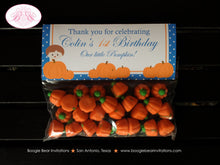 Load image into Gallery viewer, Blue Pumpkin Party Treat Bag Toppers Folded Tent Favor Tag Birthday Boy Fall Orange Harvest Farm Country Boogie Bear Invitations Colin Theme