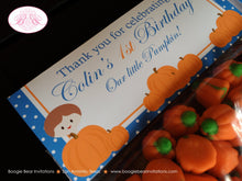 Load image into Gallery viewer, Blue Pumpkin Party Treat Bag Toppers Folded Tent Favor Tag Birthday Boy Fall Orange Harvest Farm Country Boogie Bear Invitations Colin Theme