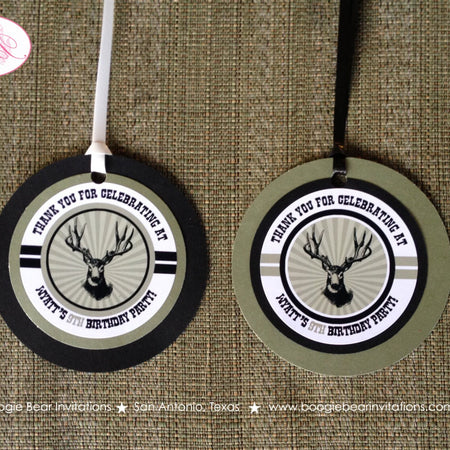 Deer Hunting Birthday Party Favor Tags Buck Elk Bust Head Antlers Bust Trophy Boy Girl Green Black Camo Boogie Bear Invitations Wyatt Theme