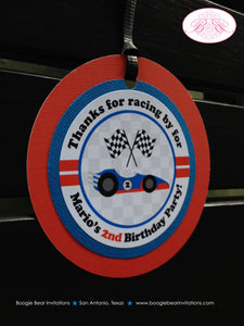 Race Car Driver Party Circle Favor Tags Birthday Boy Girl Red Blue Black Racing Track Checkered Flag Boogie Bear Invitations Mario Theme