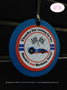 Race Car Driver Party Circle Favor Tags Birthday Boy Girl Red Blue Black Racing Track Checkered Flag Boogie Bear Invitations Mario Theme