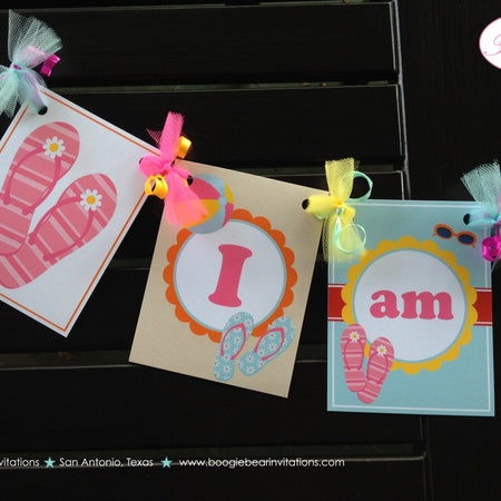 Flip Flop Birthday Highchair I am 1 Banner Pool Beach Ball Summer Ribbon Pink Orange Yellow Girl 1st Boogie Bear Invitations Monica Theme