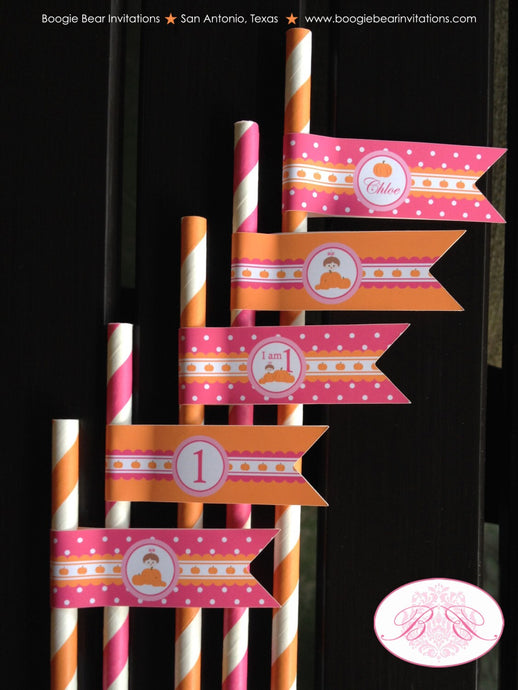 Pink Pumpkin Birthday Party Straws Pennant Paper Girl Fall Barn Farm Orange Stripe Polka Dot Set Autumn Boogie Bear Invitations Chloe Theme