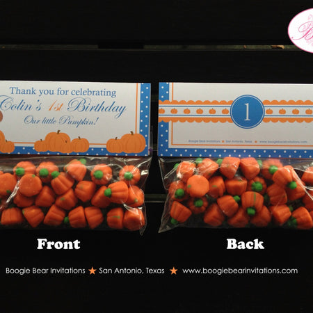 Blue Pumpkin Party Treat Bag Toppers Folded Tent Favor Tag Birthday Boy Fall Orange Harvest Farm Country Boogie Bear Invitations Colin Theme