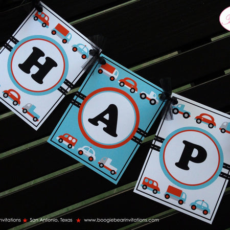 Cars Trucks Birthday Party Banner Happy Honk Beep Red Blue Black White Vehicles Stoplight Girl Boy Travel Boogie Bear Invitations Sam Theme