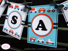 Load image into Gallery viewer, Cars Trucks Birthday Party Banner Name Girl Boy Red Blue Black Road Trip Traffic Street Stop Light Travel Boogie Bear Invitations Sam Theme