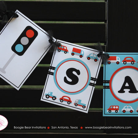 Cars Trucks Birthday Party Banner Name Girl Boy Red Blue Black Road Trip Traffic Street Stop Light Travel Boogie Bear Invitations Sam Theme