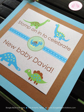 Load image into Gallery viewer, Blue Dinosaur Baby Shower Door Banner Welcome Boy Girl Green Brown Little Ribbon Dino Birthday Party Boogie Bear Invitations Melissa Theme