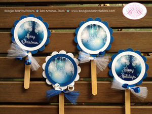 Christmas Holiday Party Cupcake Toppers Winter Blue Merry Glowing Ornaments Snowflake Silver Bells Boogie Bear Invitations Costello Theme