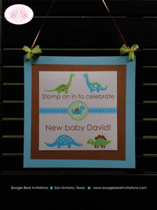 Blue Dinosaur Baby Shower Door Banner Welcome Boy Girl Green Brown Little Ribbon Dino Birthday Party Boogie Bear Invitations Melissa Theme