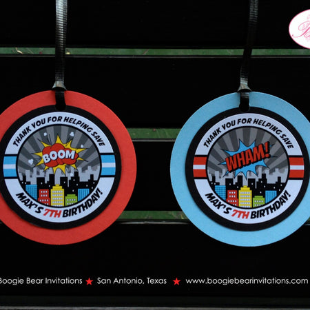 Superhero Birthday Party Favor Tags Super Hero Boy Girl Red Blue Cityscape Skyline Comic Retro Wham Boom Boogie Bear Invitations Max Theme