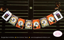 Load image into Gallery viewer, Halloween Birthday Party Banner Bat Graveyard Haunted House Cemetery Black Cat Beware Bat Tombstone Boogie Bear Invitations Raven Lee Theme