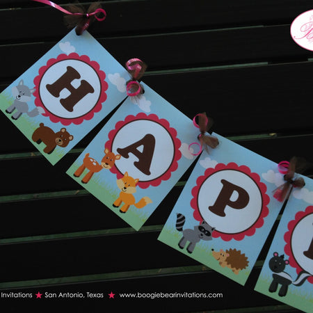 Woodland Forest Animals Party Banner Happy Birthday Creatures Fox Girl Boy 1st 2nd 3rd 4th 5th 6th 7th Boogie Bear Invitations Heather Theme