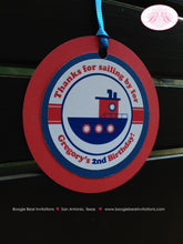 Load image into Gallery viewer, Sail Tug Boat Birthday Party Favor Tags Ribbon Ship Boy Girl Red Blue River Ocean Sailing Kids Boogie Bear Invitations Gregory Theme Printed