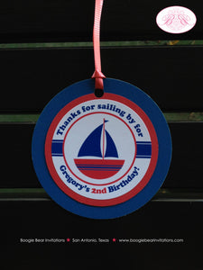 Sail Tug Boat Birthday Party Favor Tags Ribbon Ship Boy Girl Red Blue River Ocean Sailing Kids Boogie Bear Invitations Gregory Theme Printed