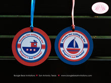 Load image into Gallery viewer, Sail Tug Boat Birthday Party Favor Tags Ribbon Ship Boy Girl Red Blue River Ocean Sailing Kids Boogie Bear Invitations Gregory Theme Printed