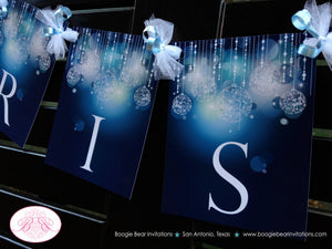 Blue Glowing Ornaments Name Banner Party Sweet 16 Winter Christmas Glow Ladies Girl Formal Elegant Star Boogie Bear Invitations Krista Theme