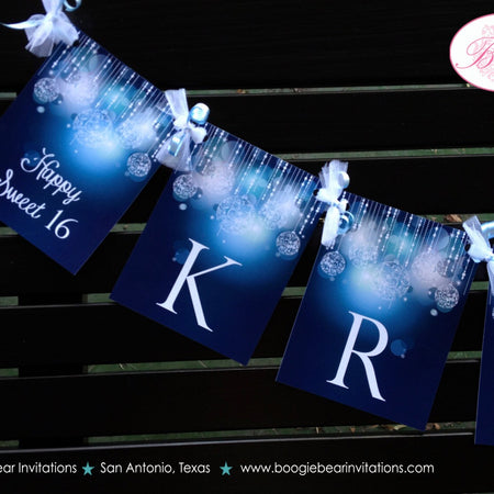 Blue Glowing Ornaments Name Banner Party Sweet 16 Winter Christmas Glow Ladies Girl Formal Elegant Star Boogie Bear Invitations Krista Theme