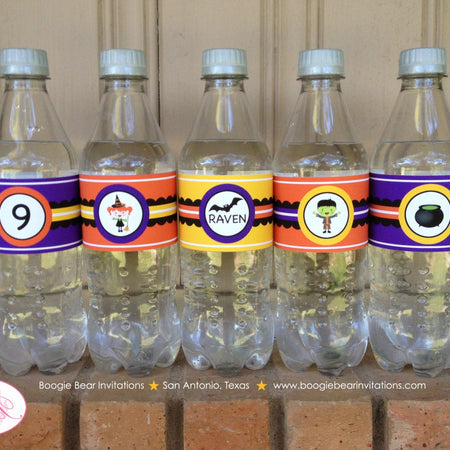 Halloween Birthday Party Bottle Wraps Wrappers Cover Label Boy Girl Witch Frankenstein Bat Cauldron Boogie Bear Invitations Raven Lee Theme