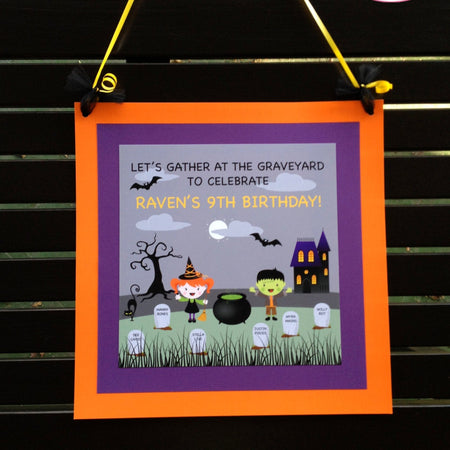 Halloween Birthday Party Door Banner Graveyard Witch Black Cat Bat Haunted House Cemetery Headstone Boogie Bear Invitations Raven Lee Theme