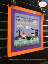 Load image into Gallery viewer, Halloween Birthday Party Door Banner Graveyard Witch Black Cat Bat Haunted House Cemetery Headstone Boogie Bear Invitations Raven Lee Theme