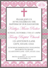 Load image into Gallery viewer, Pink Girl Baptism Invitation Damask Holy Cross Ceremony Wedding Formal Kid Boogie Bear Invitations Kaitlyn Theme Paperless Printable Printed