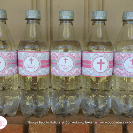 Pink Damask Girl Baptism Bottle Wraps Set Ribbon Religious Holy Cross Christening Christian Name Cover Boogie Bear Invitations Kaitlyn Theme