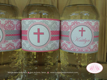 Load image into Gallery viewer, Pink Damask Girl Baptism Bottle Wraps Set Ribbon Religious Holy Cross Christening Christian Name Cover Boogie Bear Invitations Kaitlyn Theme