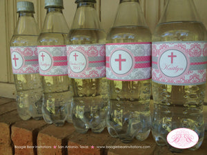 Pink Damask Girl Baptism Bottle Wraps Set Ribbon Religious Holy Cross Christening Christian Name Cover Boogie Bear Invitations Kaitlyn Theme