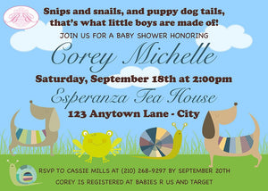 Snips and Snails Baby Shower Invitation Boy Blue Green Puppy Dog Tails 1st Boogie Bear Invitations Corey Theme Paperless Printable Printed