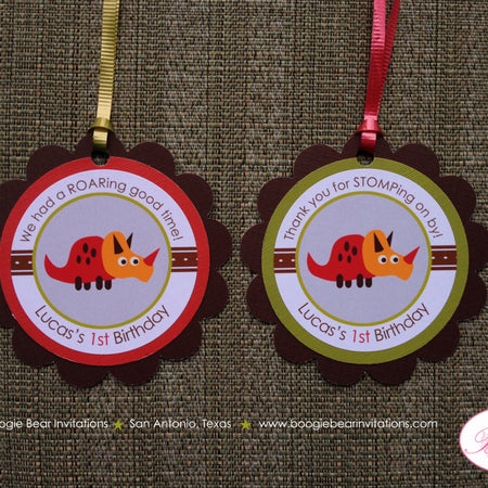 Little Dinosaur Birthday Party Favor Tags Boy Girl Gift Treat Red Orange Green Brown Paleontologist Roar Boogie Bear Invitations Lucas Theme