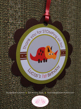 Load image into Gallery viewer, Little Dinosaur Birthday Party Favor Tags Boy Girl Gift Treat Red Orange Green Brown Paleontologist Roar Boogie Bear Invitations Lucas Theme