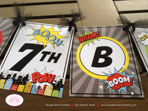Superhero Happy Birthday Party Banner Boy Girl Super Hero Maximus Comic Skyline Vintage Cityscape Retro Boogie Bear Invitations Max Theme